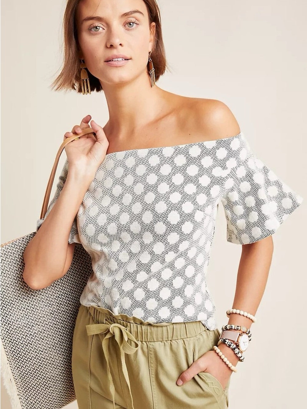 Off-Shoulder White and Gray Polka Dot Knit Top
